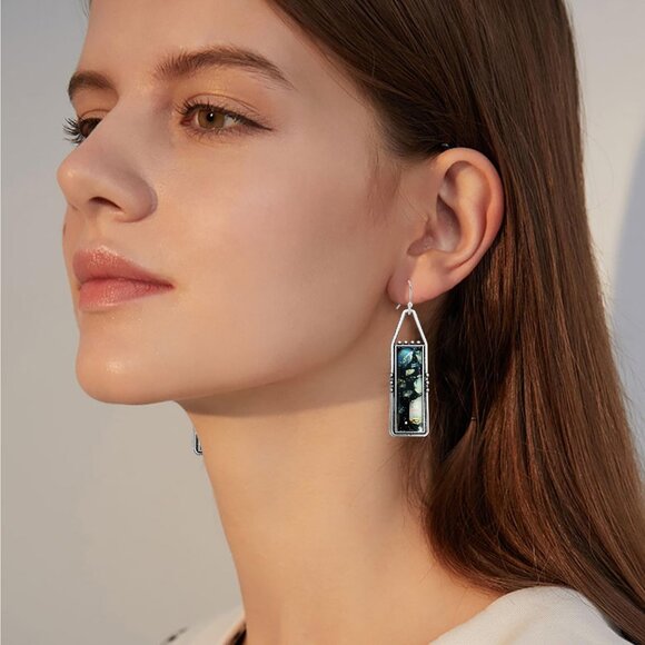 Black Handmade Bohemian Tribal Retro Colorful Square Bar Dangle Drop Earrings - Picture 2 of 6